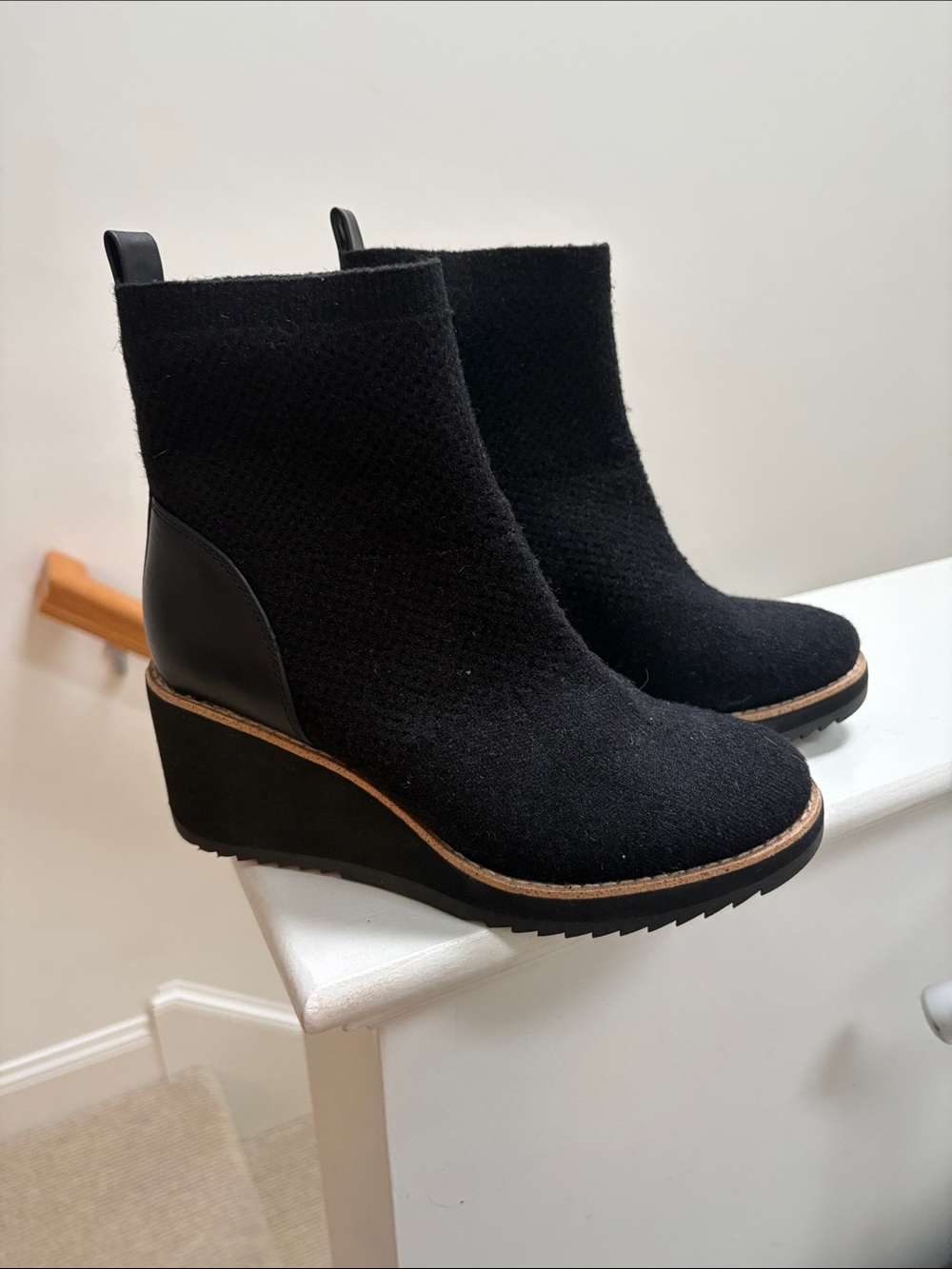 Sofft Black Wedge Ankle Boots with Brown Trim never worn